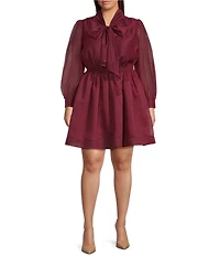 Layered With Love Plus Size Elise Organza Bow V-Neck Long Bubble Sleeve Neck Tie Ruffle Mini Dress