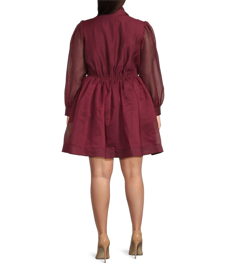 Layered With Love Plus Size Elise Organza Bow V-Neck Long Bubble Sleeve Neck Tie Ruffle Mini Dress