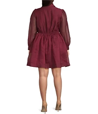Layered With Love Plus Size Elise Organza Bow V-Neck Long Bubble Sleeve Neck Tie Ruffle Mini Dress
