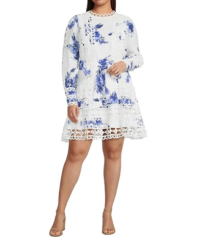 Layered With Love Plus Size Floral Crew Neck Long Sleeve Bow Waist Detail Crochet Trim A-Line Short Dress
