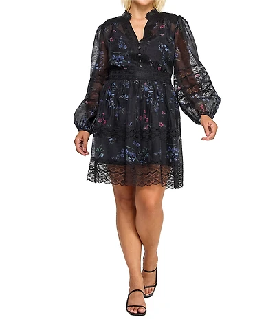 Layered With Love Plus Size Floral Print Faille Long Sleeve Lace Trim Mini Dress