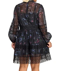 Layered With Love Plus Size Floral Print Faille Long Sleeve Lace Trim Mini Dress