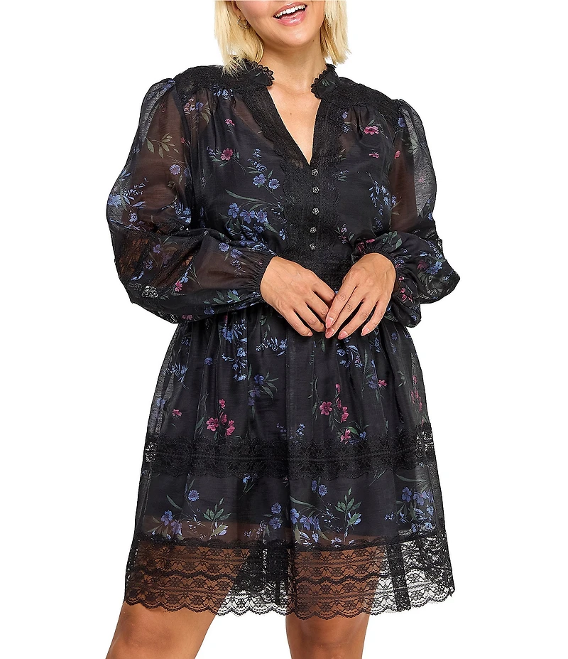 Layered With Love Plus Size Floral Print Faille Long Sleeve Lace Trim Mini Dress