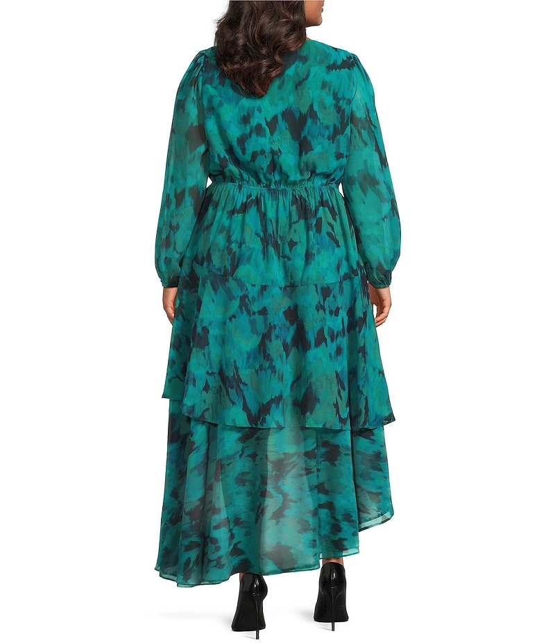 Layered With Love Plus Size Floral Printed Chiffon Long Bubble Sleeve Hi-Low Flowy Romantic Dress
