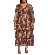 Layered With Love Plus Size Foil Print Chiffon V-Neck Long Sleeve Ruffle Tiered A-Line Dress
