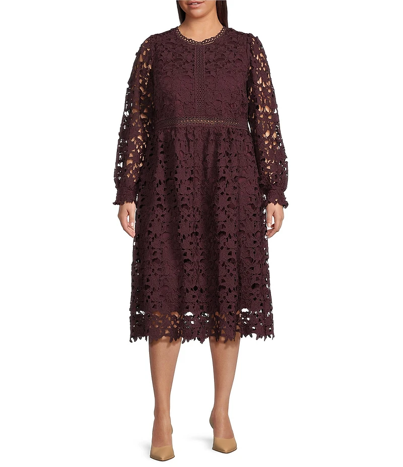 Layered With Love Plus Size Lace Crew Neck Long Sleeve Midi Dress