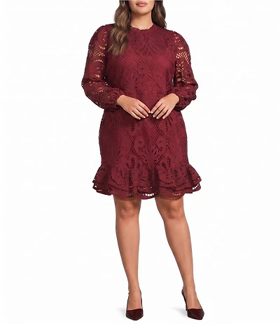 Layered With Love Plus Size Lace Mock Neck Long Sleeve Ruffle Hem Dress