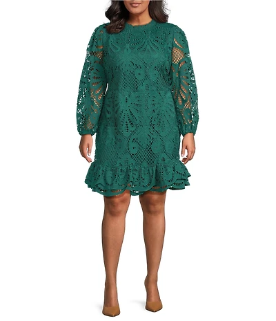 Layered With Love Plus Size Lace Mock Neck Long Sleeve Ruffle Hem Dress