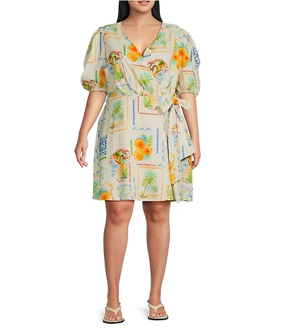 Layered With Love Plus Size Linen Postcard Print Wrap Dress