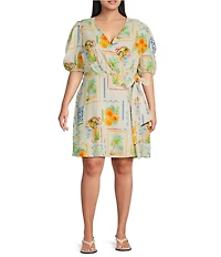 Layered With Love Plus Size Linen Postcard Print Wrap Dress