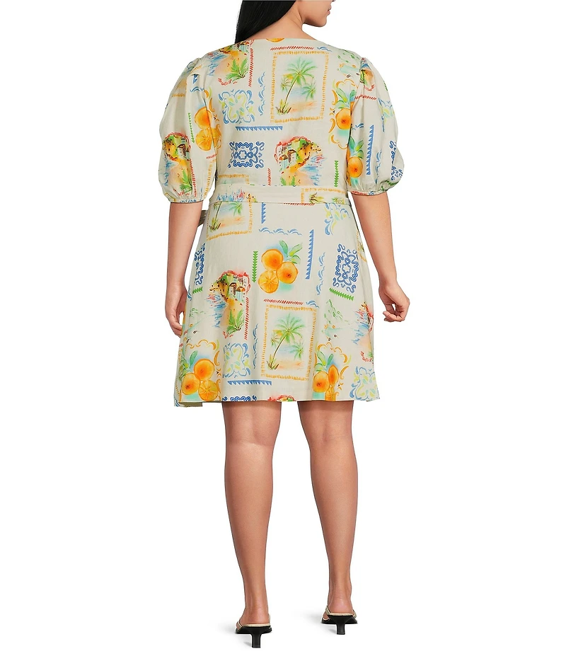 Layered With Love Plus Size Linen Postcard Print Wrap Dress