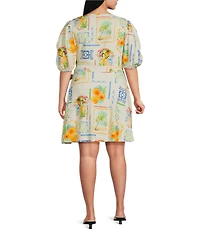 Layered With Love Plus Size Linen Postcard Print Wrap Dress
