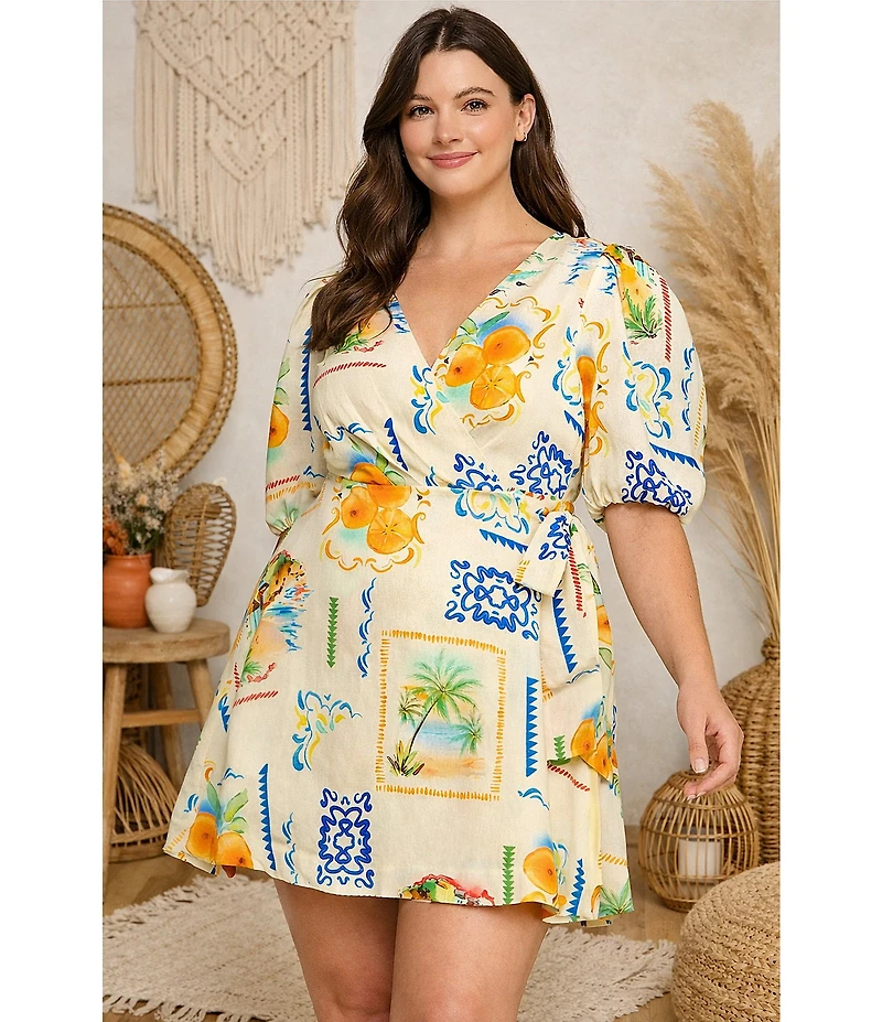 Layered With Love Plus Size Linen Postcard Print Wrap Dress