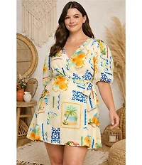Layered With Love Plus Size Linen Postcard Print Wrap Dress