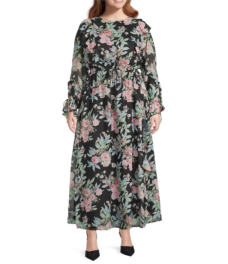 Layered With Love Plus Size Luna Floral Printed Crew Neck Long Sleeve Ruffle Chiffon Maxi Dress