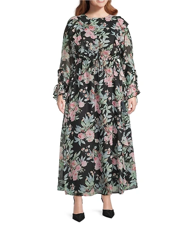 Layered With Love Plus Size Luna Floral Printed Crew Neck Long Sleeve Ruffle Chiffon Maxi Dress
