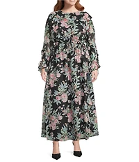 Layered With Love Plus Size Luna Floral Printed Crew Neck Long Sleeve Ruffle Chiffon Maxi Dress