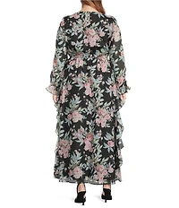 Layered With Love Plus Size Luna Floral Printed Crew Neck Long Sleeve Ruffle Chiffon Maxi Dress