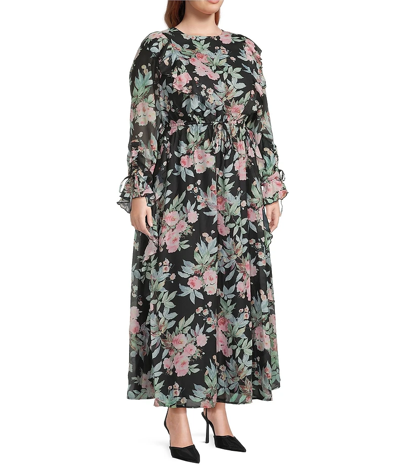 Layered With Love Plus Size Luna Floral Printed Crew Neck Long Sleeve Ruffle Chiffon Maxi Dress