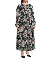 Layered With Love Plus Size Luna Floral Printed Crew Neck Long Sleeve Ruffle Chiffon Maxi Dress