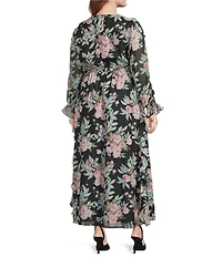 Layered With Love Plus Size Luna Floral Printed Crew Neck Long Sleeve Ruffle Chiffon Maxi Dress