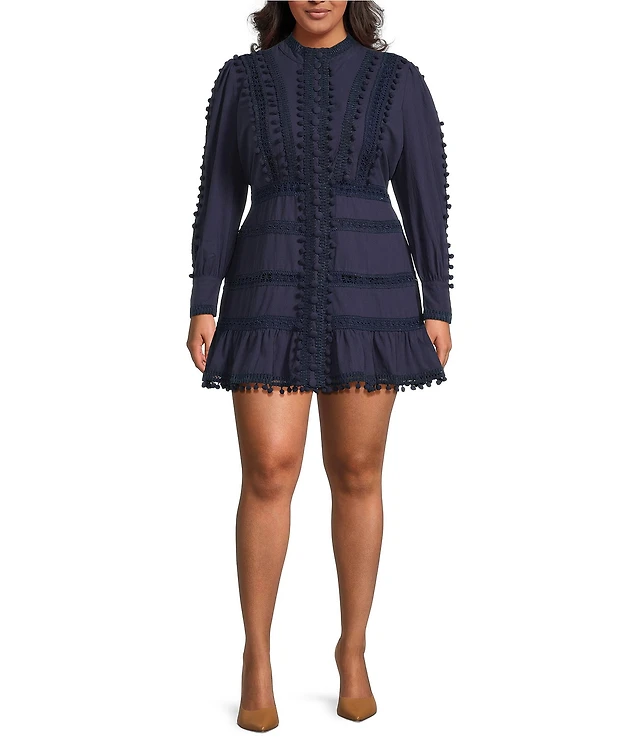WDIRARA Women's Contrast Lace Ruffle Hem Dress - V-Neck Drop Waist Flounce Dress (Blue, Sizes S-XL)