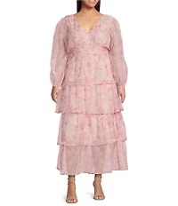 Layered With Love Plus Size Organza Chiffon V-Neck Long Sleeve Ruffle Tiered A-Line Dress