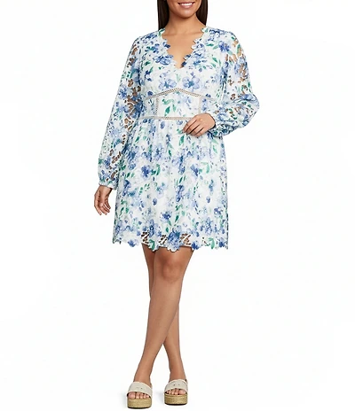 Layered With Love Plus Size Rosaria Printed Floral Lace V-Neck Long Sleeve Mini Dress