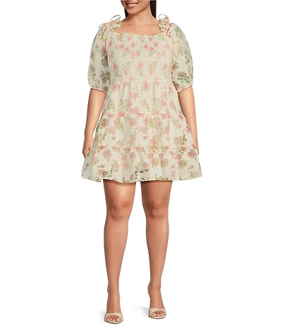 Layered With Love Plus Size Square Neck 3/4 Sleeve Smocked Tiered Floral Burnout Jacquard Dress