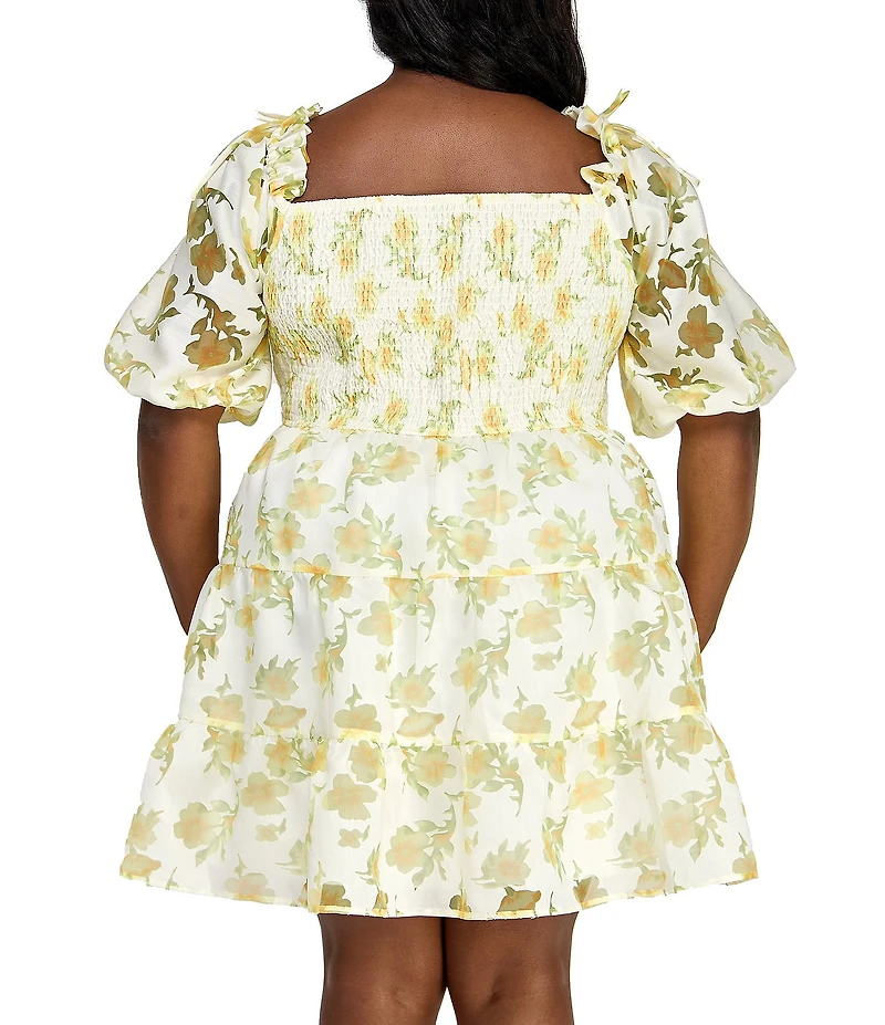 Layered With Love Plus Size Square Neck 3/4 Sleeve Smocked Tiered Floral Burnout Jacquard Dress