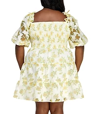 Layered With Love Plus Size Square Neck 3/4 Sleeve Smocked Tiered Floral Burnout Jacquard Dress
