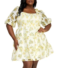 Layered With Love Plus Size Square Neck 3/4 Sleeve Smocked Tiered Floral Burnout Jacquard Dress