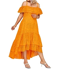 Layered With Love Plus Size Square Neck Off-The-Shoulder Ruffle Sleeves With Straps Embroidered Eyelet Fit And Flare Sundress