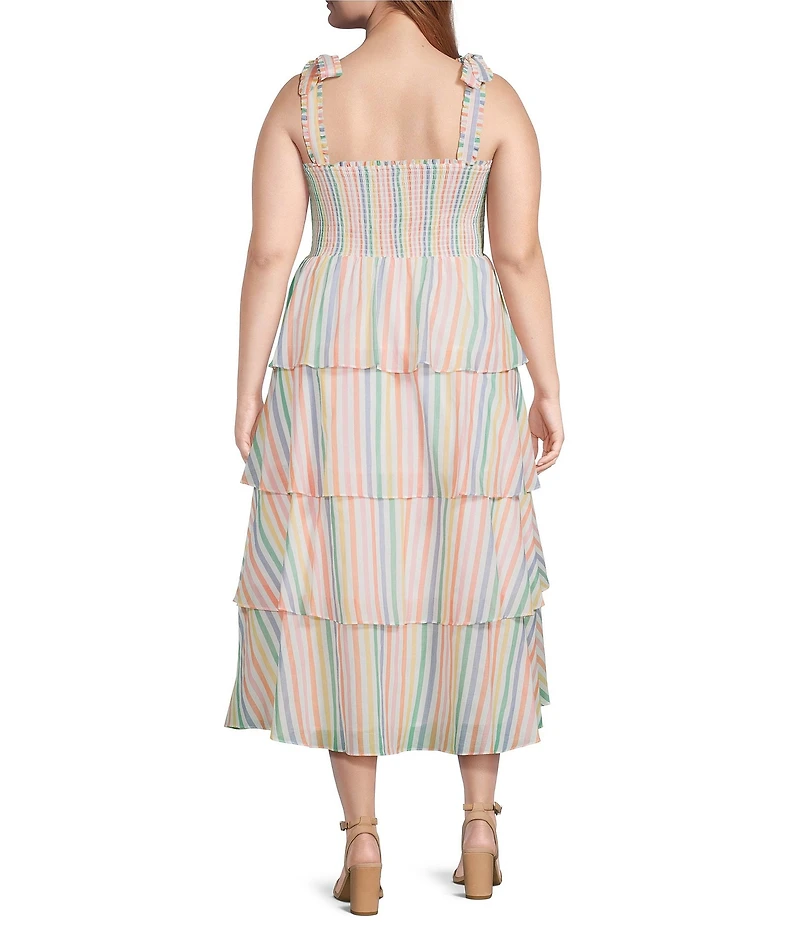 Layered With Love Plus Size Striped Square Neck Sleeveless Tie Straps Tiered Ruffle Dress