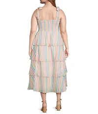 Layered With Love Plus Size Striped Square Neck Sleeveless Tie Straps Tiered Ruffle Dress
