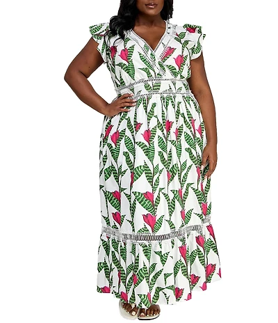 Layered With Love Plus Size V Neck Flutter Sleeve Lace Trim Fit and Flare Maxi Dress