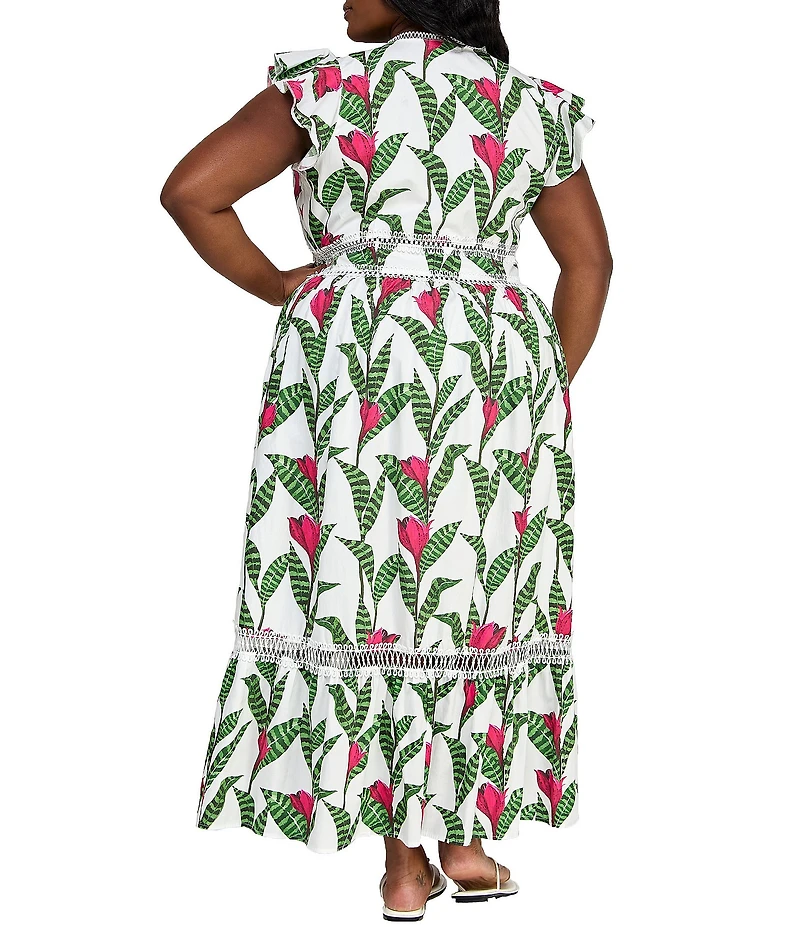 Layered With Love Plus Size V Neck Flutter Sleeve Lace Trim Fit and Flare Maxi Dress