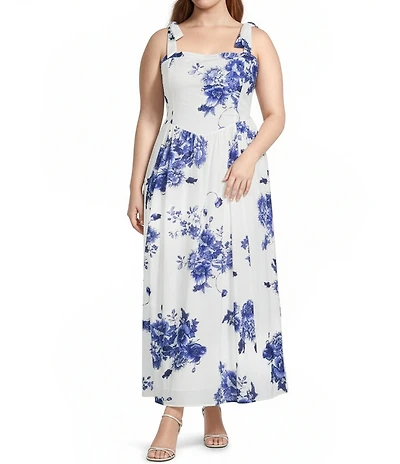 Layered With Love Plus Size Valentina Floral Print Square Neck Tie Strap Maxi Dress