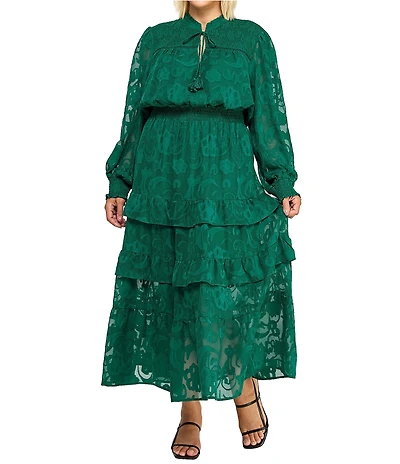 Layered With Love Plus Size Yvonne Jacquard Lace Tassel V-Neck Long Bubble Sleeve A-Line Maxi Dress