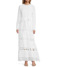 Layered With Love Woven Cotton Crew Neck Blouson Sleeves Belted Crochet Trim A-Line Maxi Dress