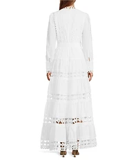 Layered With Love Woven Cotton Crew Neck Blouson Sleeves Belted Crochet Trim A-Line Maxi Dress