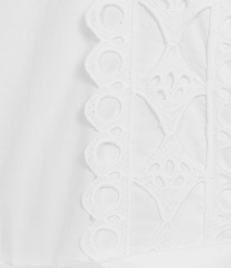 Layered With Love Woven Cotton Crew Neck Blouson Sleeves Belted Crochet Trim A-Line Maxi Dress