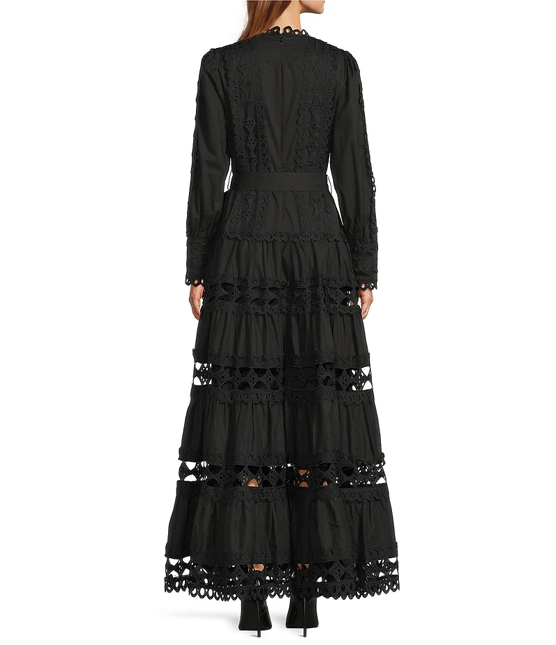 Layered With Love Woven Cotton Crew Neck Blouson Sleeves Belted Crochet Trim A-Line Maxi Dress