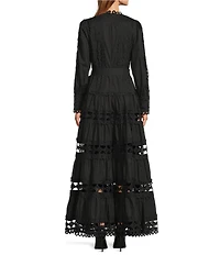 Layered With Love Woven Cotton Crew Neck Blouson Sleeves Belted Crochet Trim A-Line Maxi Dress
