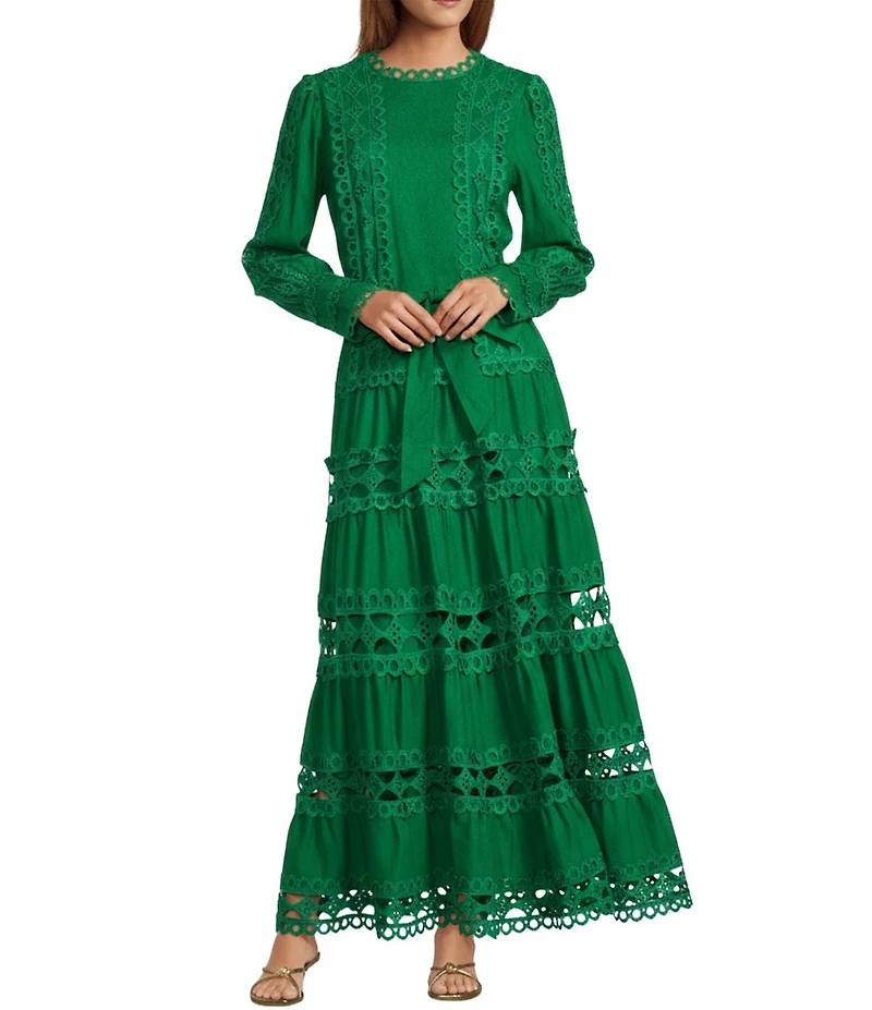 Layered With Love Woven Cotton Crew Neck Blouson Sleeves Belted Crochet Trim A-Line Maxi Dress