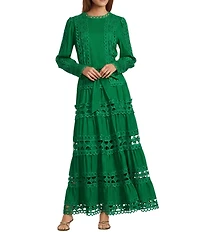 Layered With Love Woven Cotton Crew Neck Blouson Sleeves Belted Crochet Trim A-Line Maxi Dress