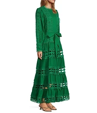 Layered With Love Woven Cotton Crew Neck Blouson Sleeves Belted Crochet Trim A-Line Maxi Dress