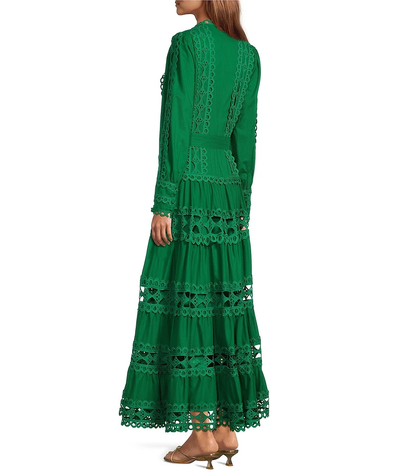 Layered With Love Woven Cotton Crew Neck Blouson Sleeves Belted Crochet Trim A-Line Maxi Dress