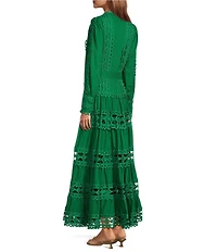 Layered With Love Woven Cotton Crew Neck Blouson Sleeves Belted Crochet Trim A-Line Maxi Dress