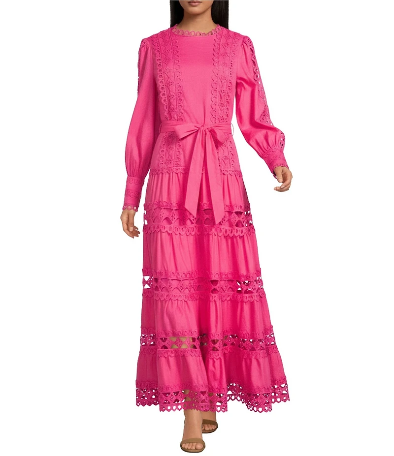 Layered With Love Woven Cotton Crew Neck Blouson Sleeves Belted Crochet Trim A-Line Maxi Dress